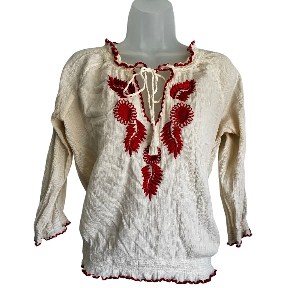 Gauze Blouse 100% Cotton Embroidered Floral Tan Red 3/4 Sleeve S